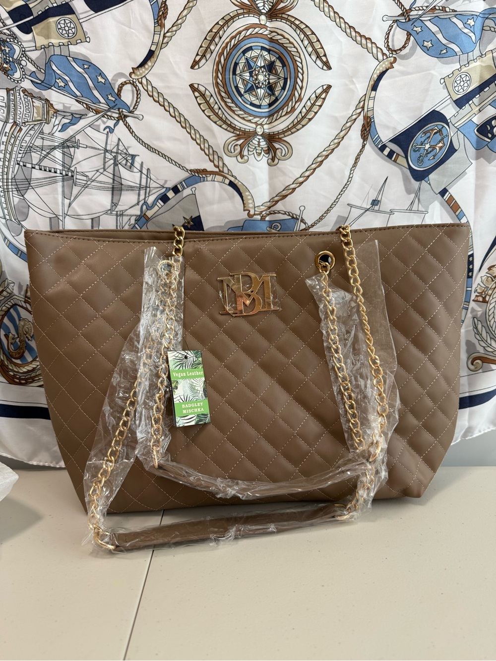 Badgley Mischka Quilted Tote Bag in Taupe with Gold Hardware NWT